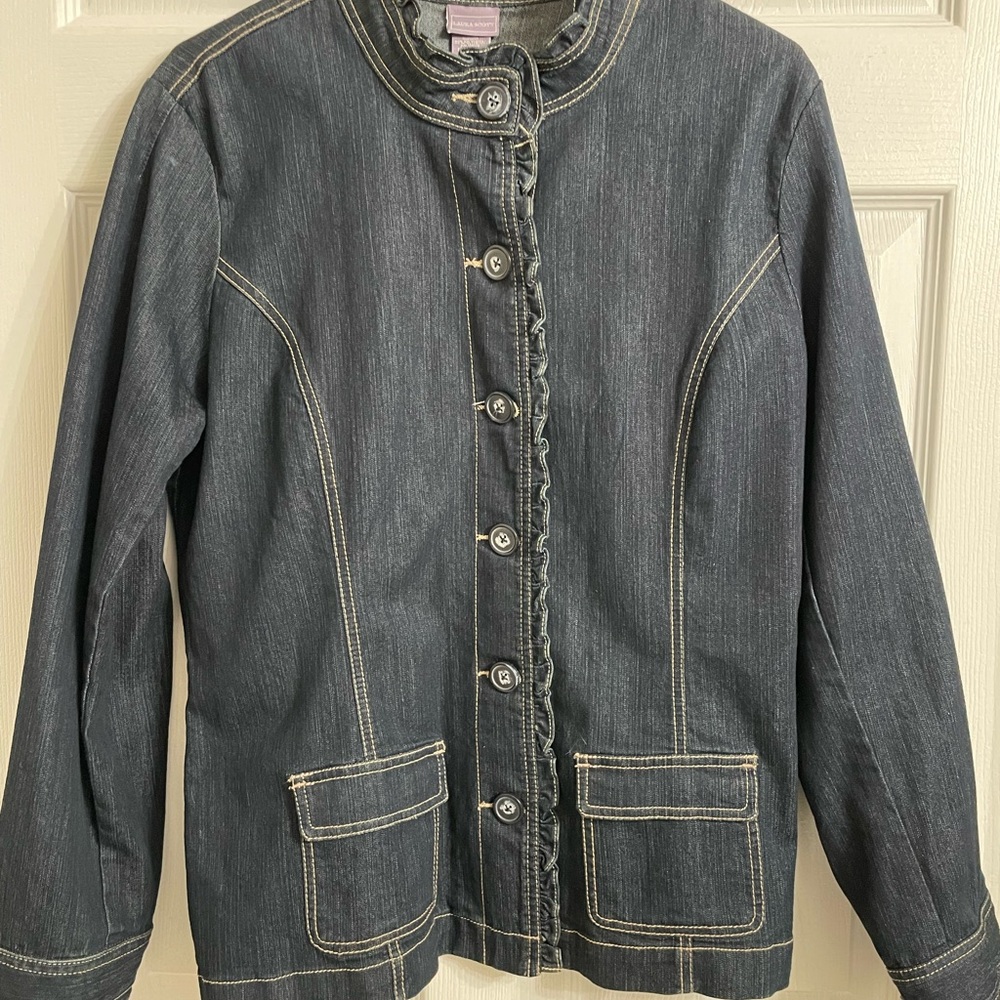Laura Scott dark wash Jean jacket with ruffle accents